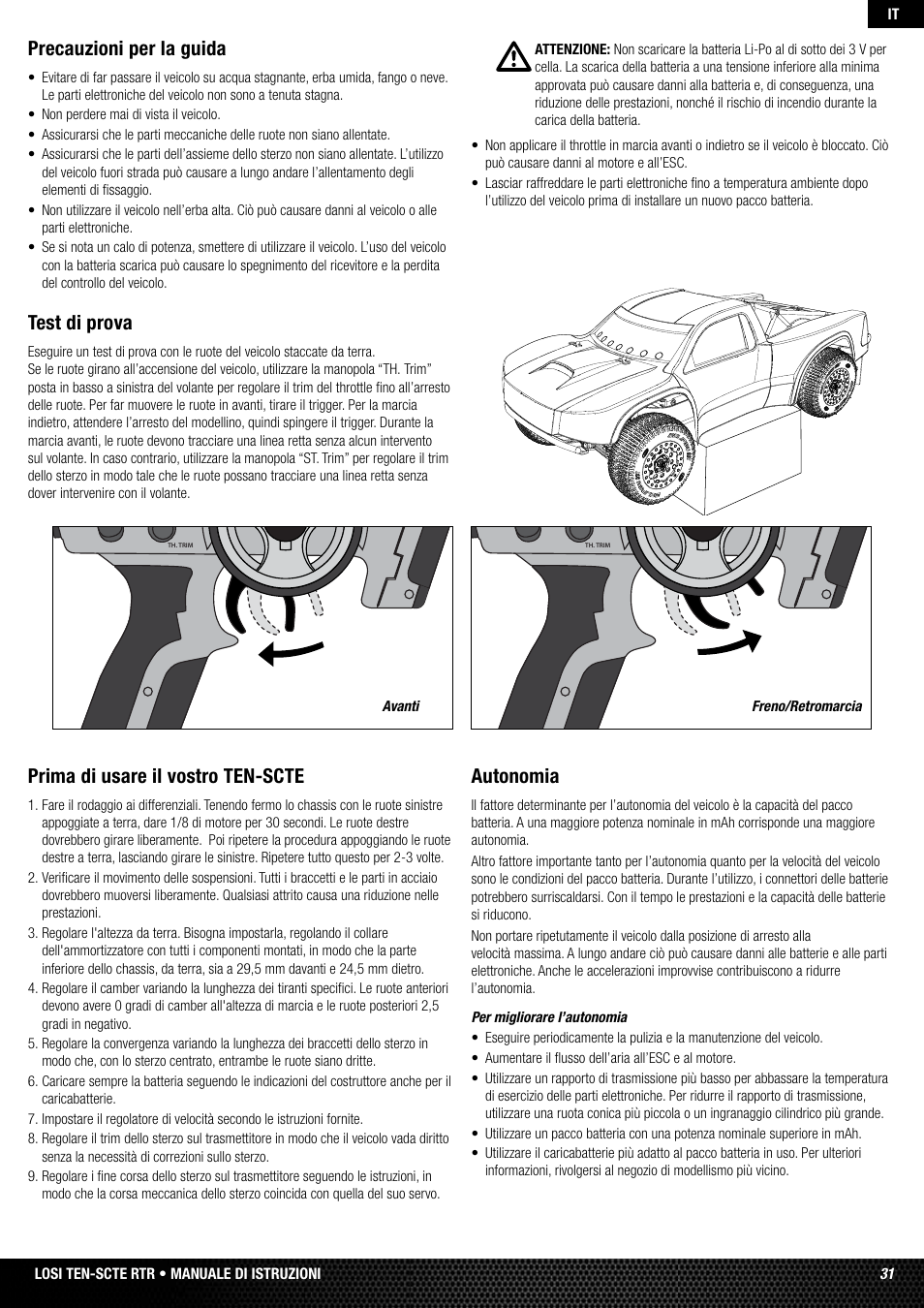 Precauzioni per la guida, Test di prova, Prima di usare il vostro ten-scte | Autonomia | Losi LOSB0128 User Manual | Page 31 / 52