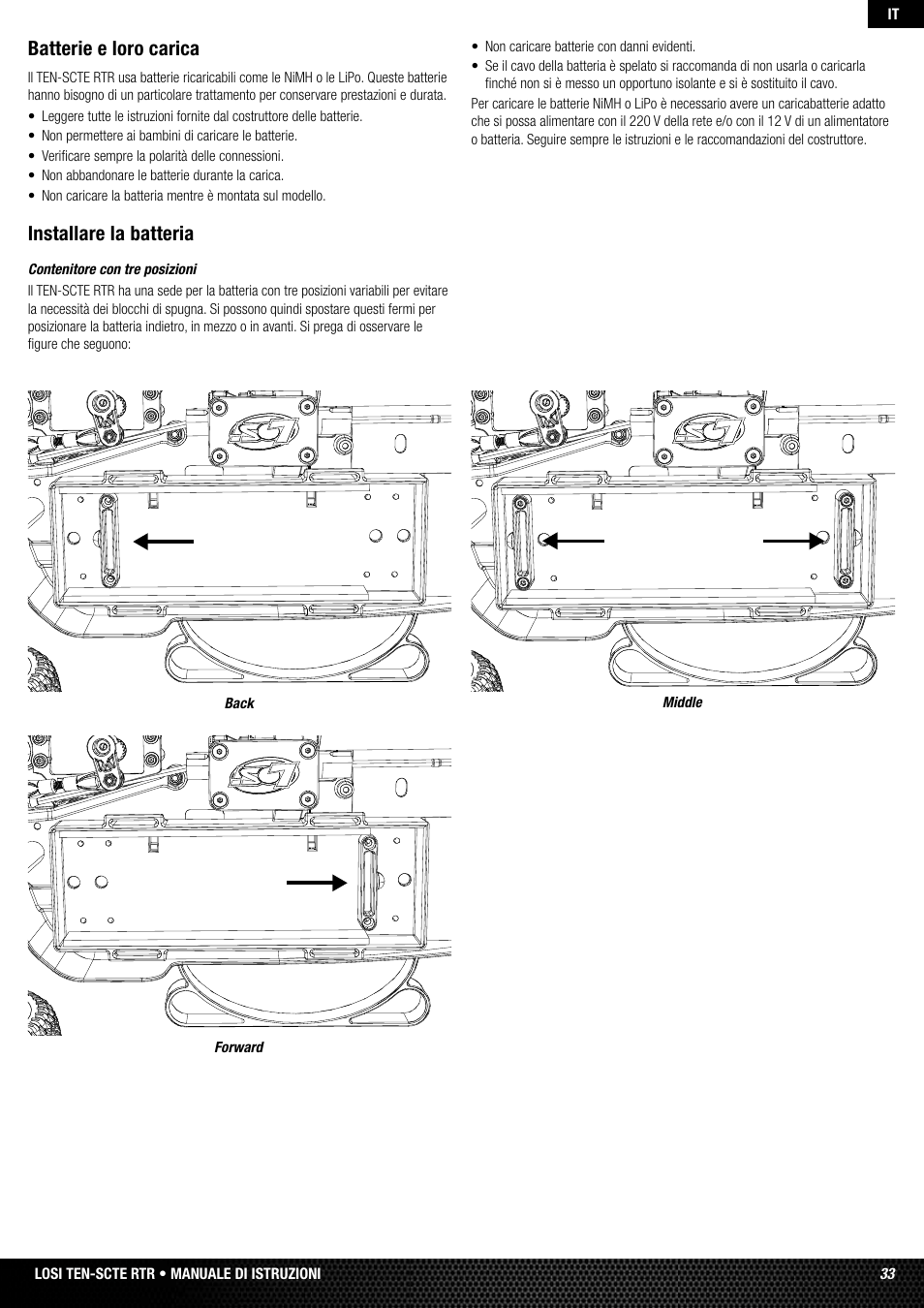Installare la batteria, Batterie e loro carica | Losi LOSB0128 User Manual | Page 33 / 52