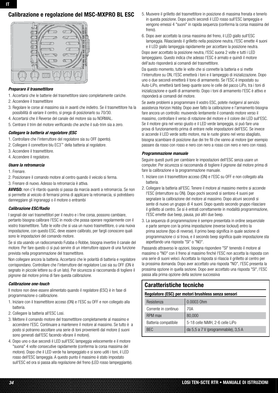 Calibrazione e regolazione del msc-mxpro bl esc, Caratteristiche tecniche | Losi LOSB0128 User Manual | Page 34 / 52