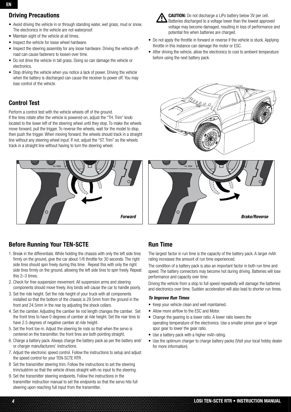 Driving precautions, Control test, Before running your ten-scte | Run time | Losi LOSB0128 User Manual | Page 4 / 52