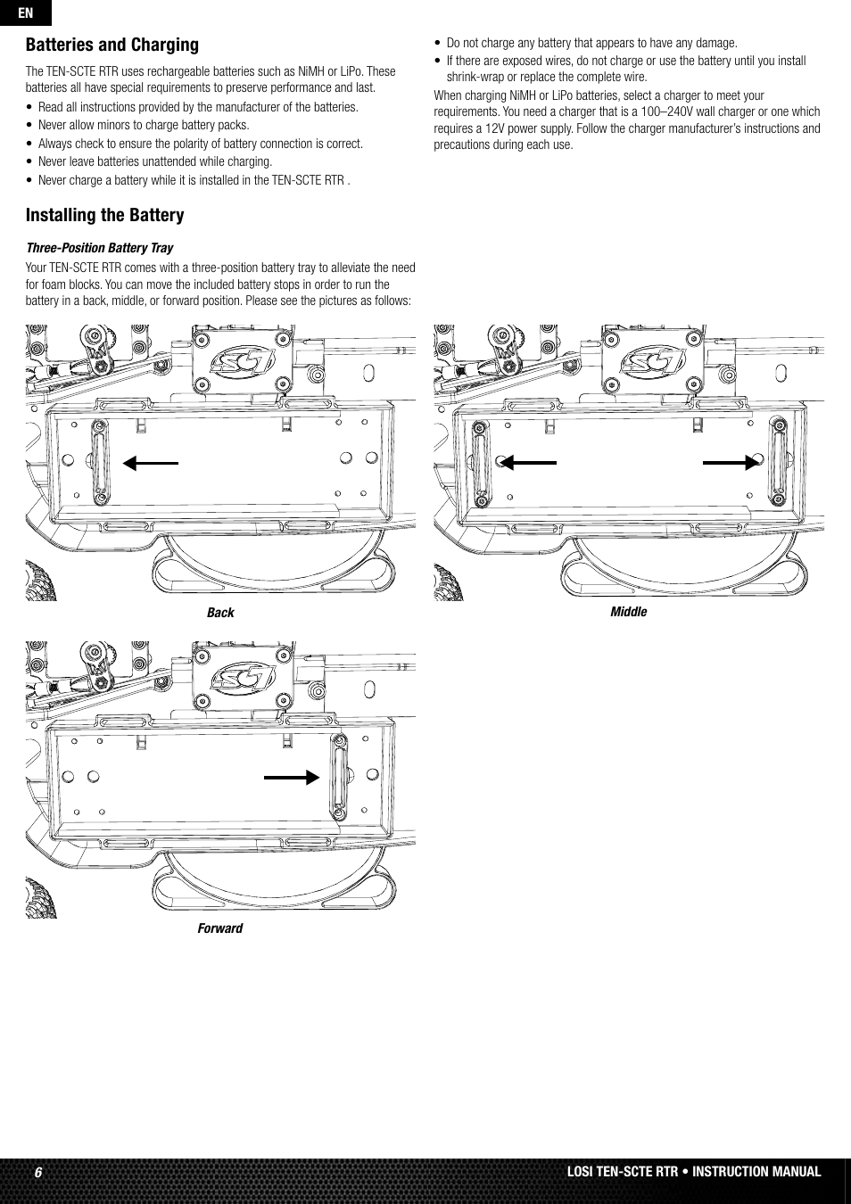 Installing the battery, Batteries and charging | Losi LOSB0128 User Manual | Page 6 / 52