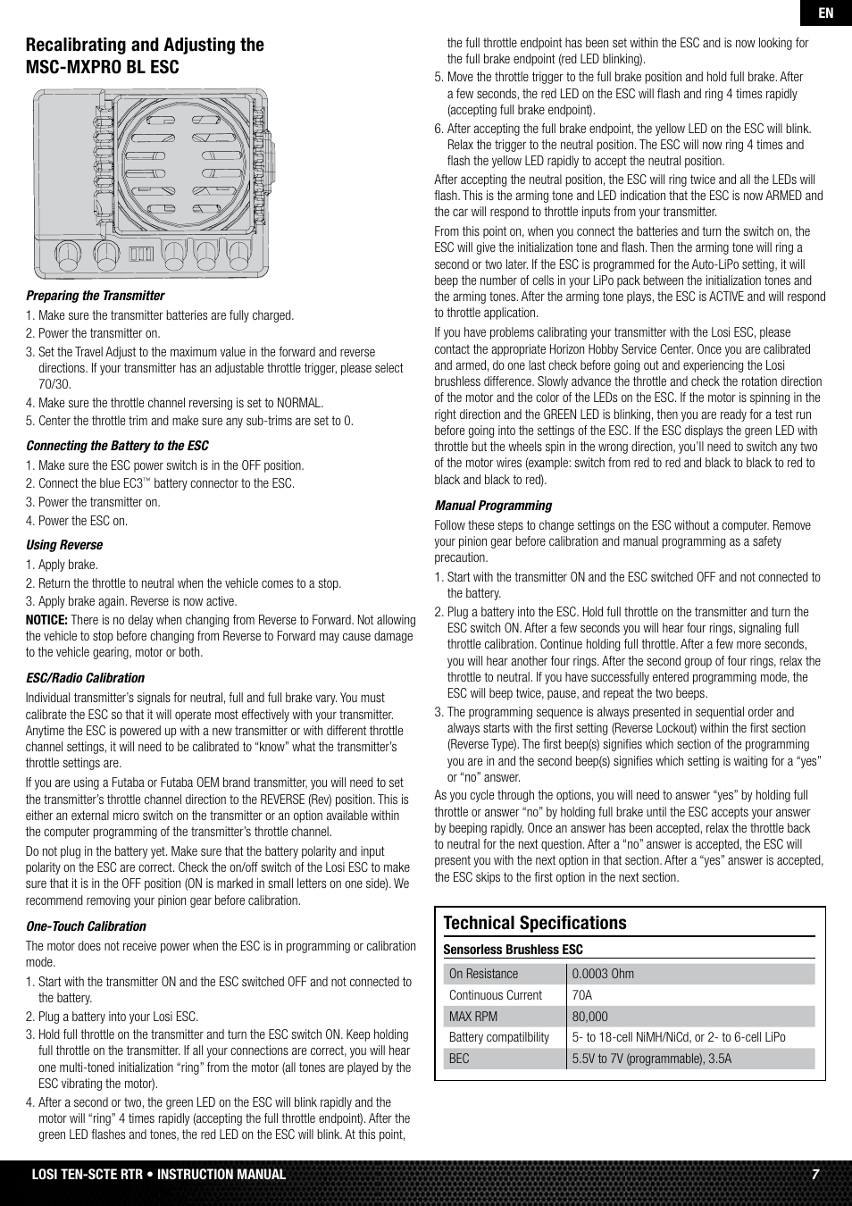 Recalibrating and adjusting the msc-mxpro bl esc, Technical specifications | Losi LOSB0128 User Manual | Page 7 / 52