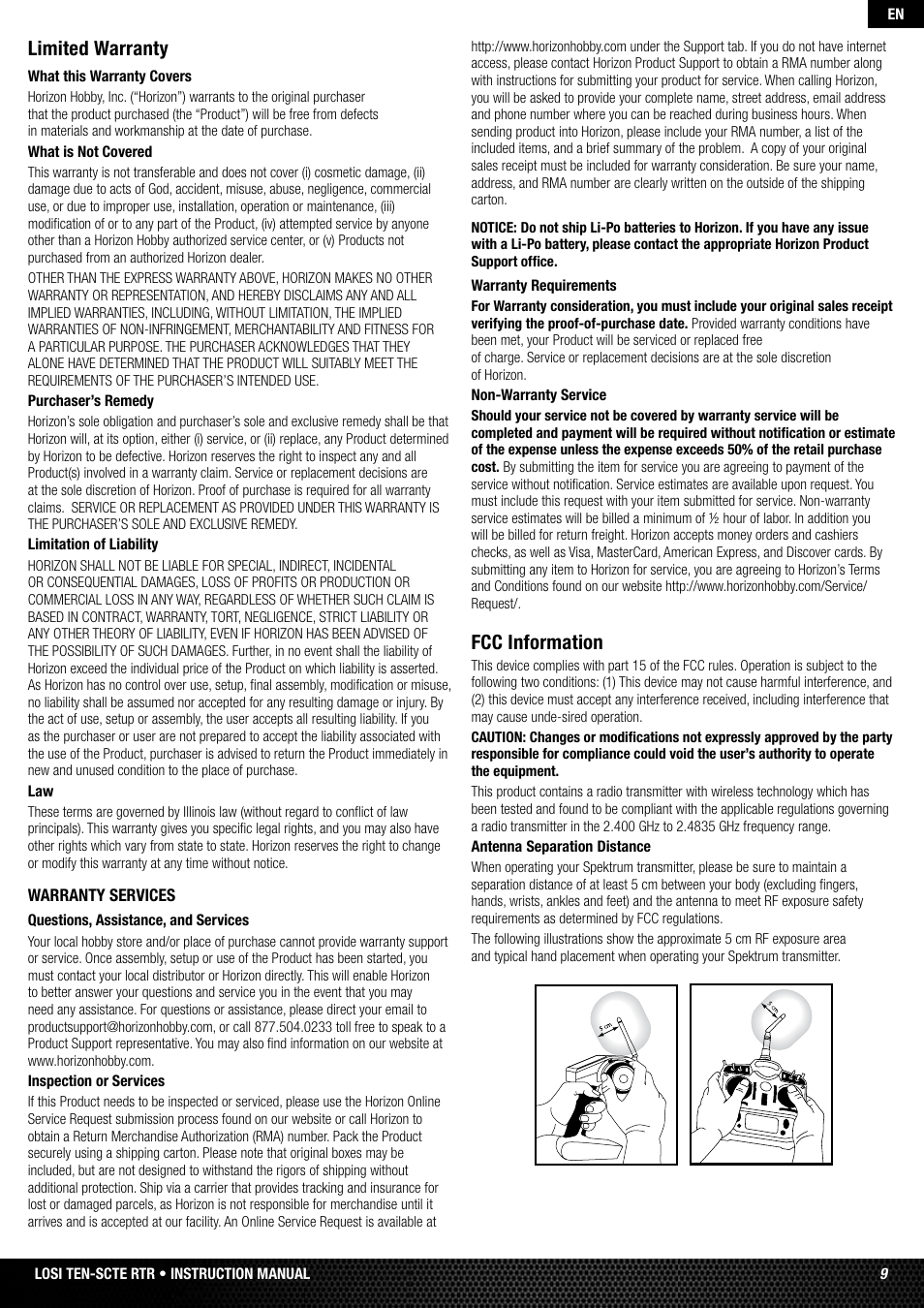Limited warranty, Fcc information | Losi LOSB0128 User Manual | Page 9 / 52