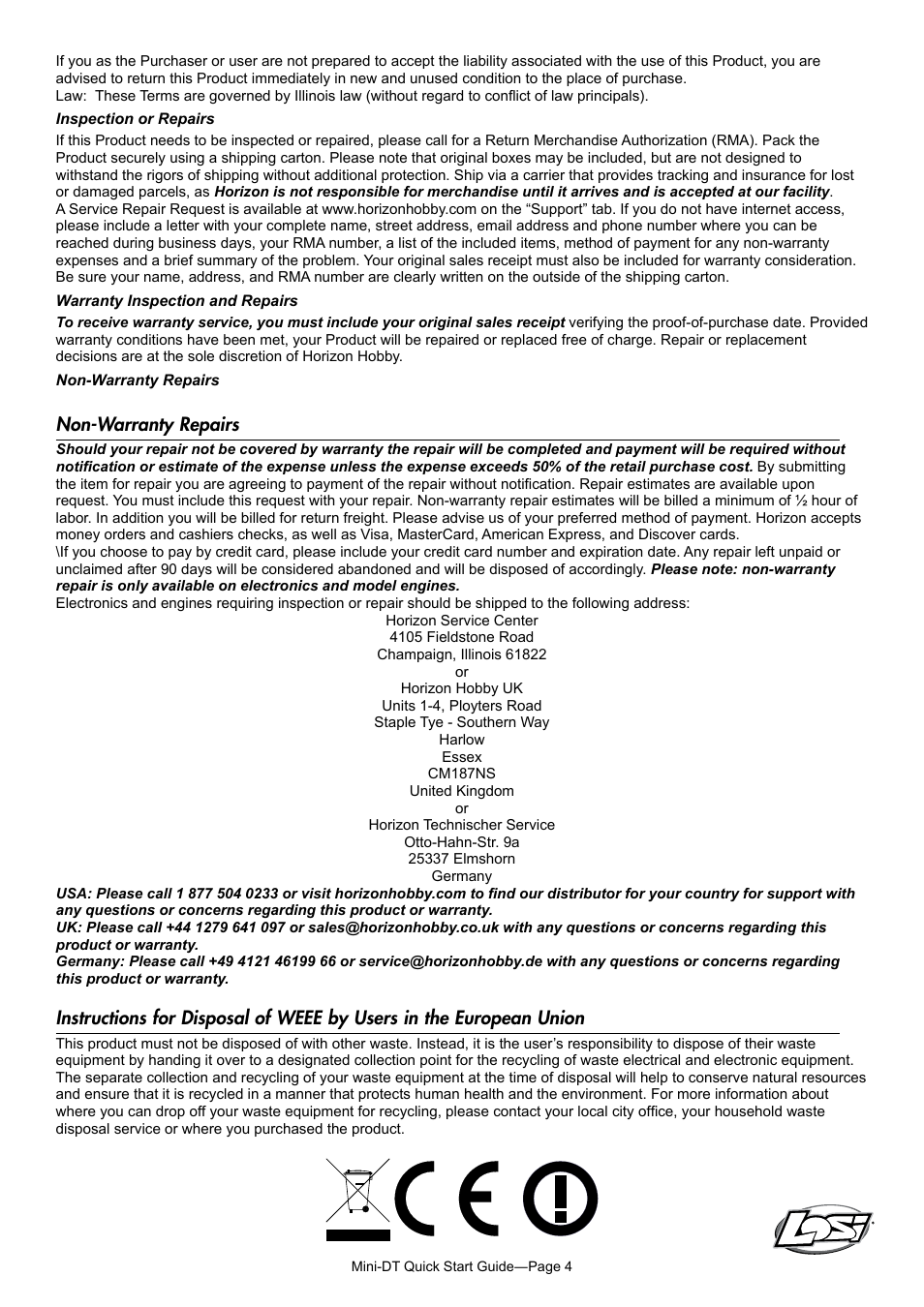 Non-warranty repairs | Losi LOSB0202T3 Quick Start User Manual | Page 4 / 4