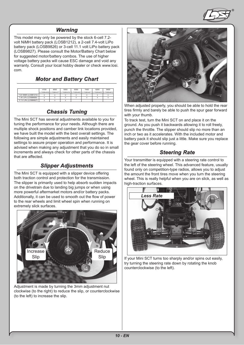 Warning, Motor and battery chart, Chassis tuning | Slipper adjustments, Steering rate, Increase slip reduce slip, Less rate, 10 - en | Losi LOSB0209 User Manual | Page 10 / 20