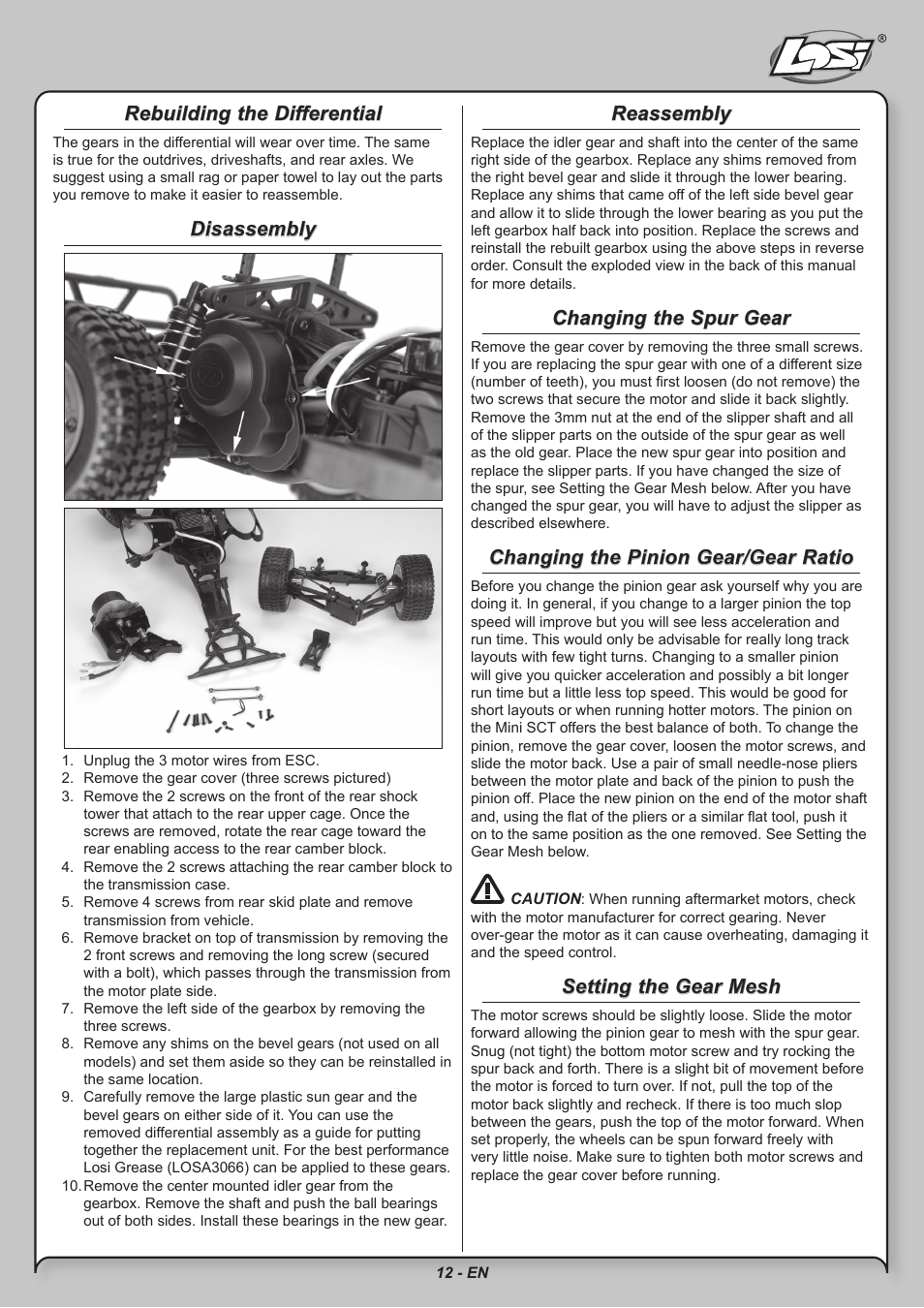 Rebuilding the differential, Disassembly, Reassembly | Changing the spur gear, Changing the pinion gear/gear ratio, Setting the gear mesh | Losi LOSB0209 User Manual | Page 12 / 20
