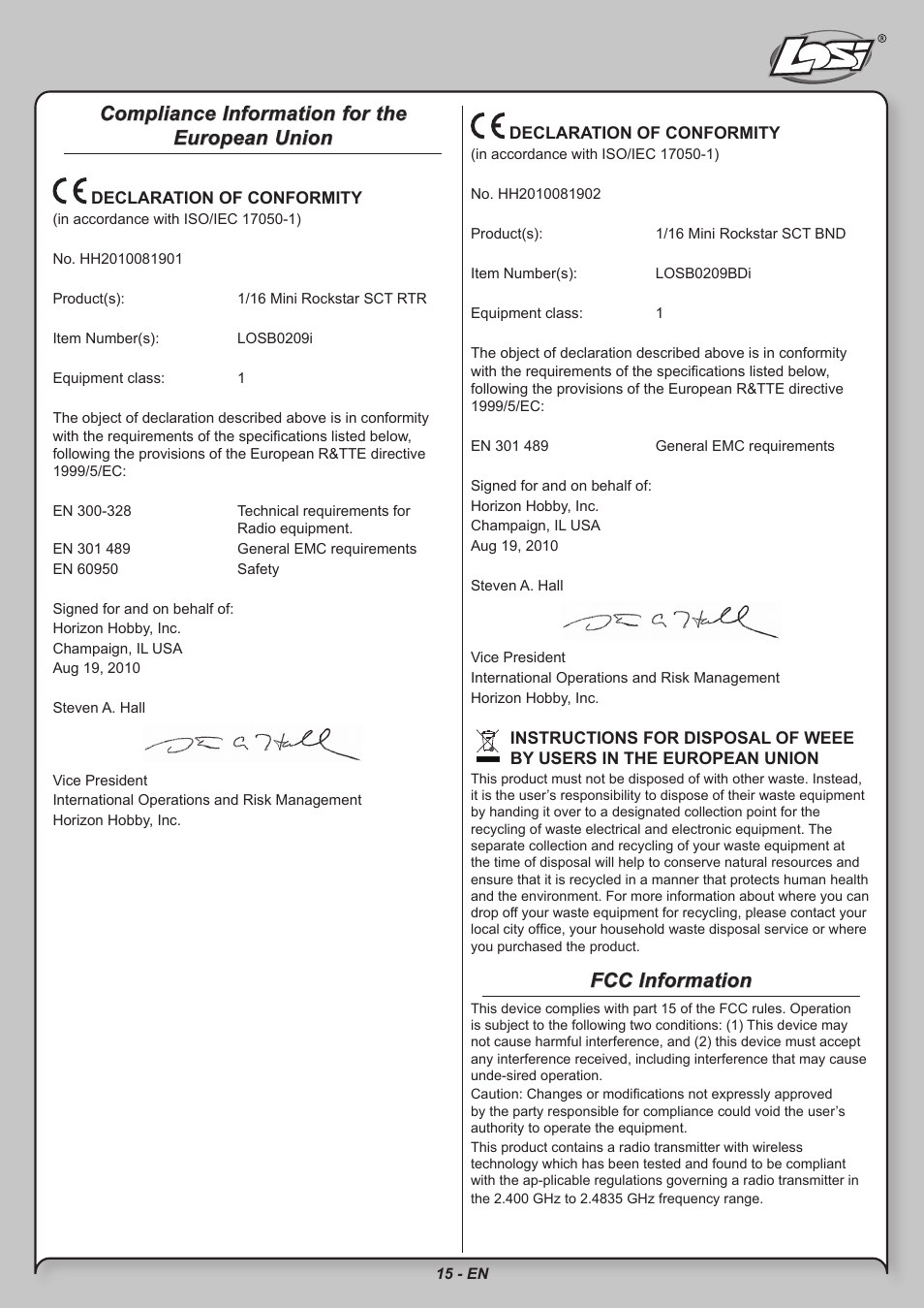 Compliance information for the european union, Fcc information | Losi LOSB0209 User Manual | Page 15 / 20