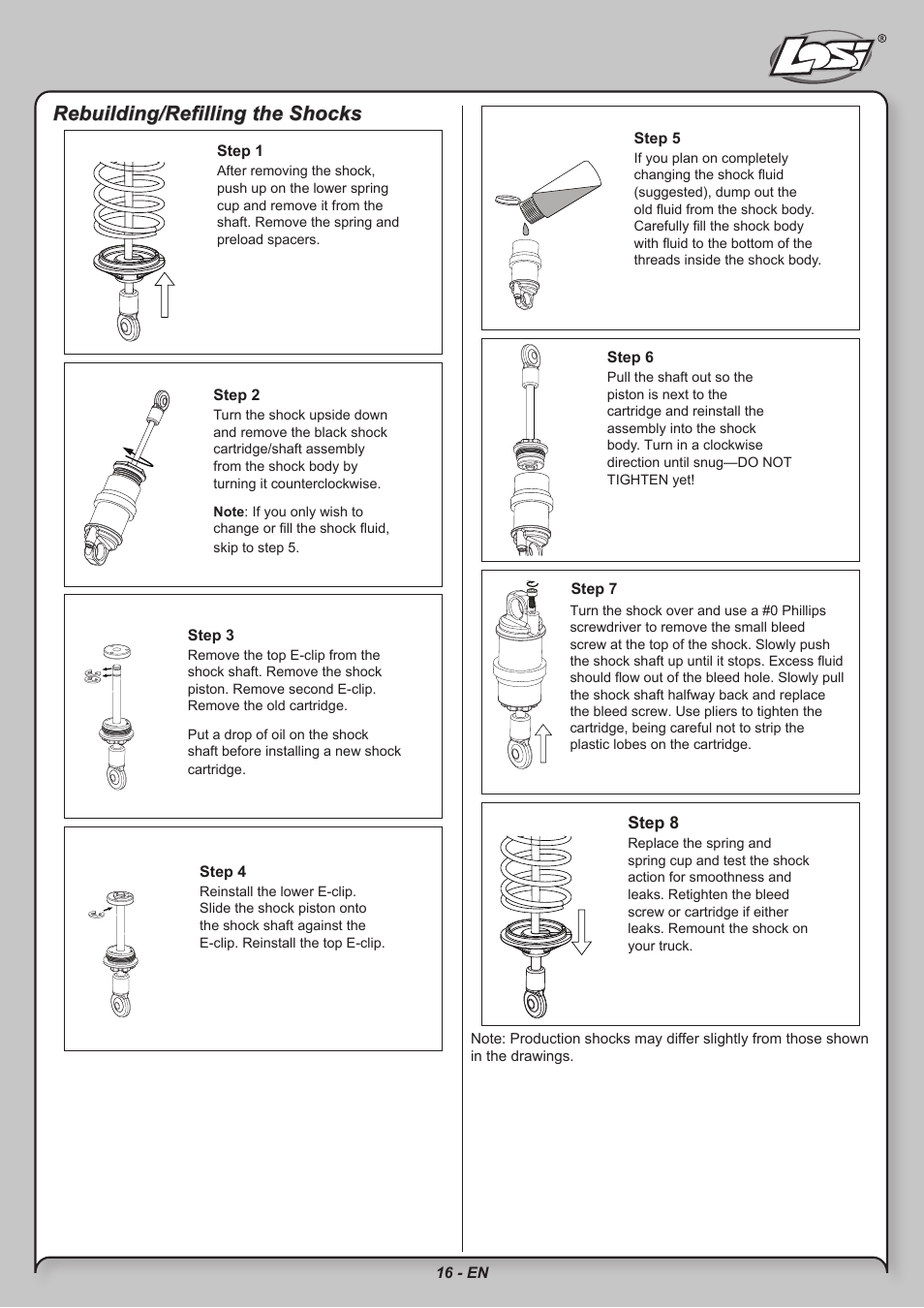 Rebuilding/refilling the shocks | Losi LOSB0209 User Manual | Page 16 / 20