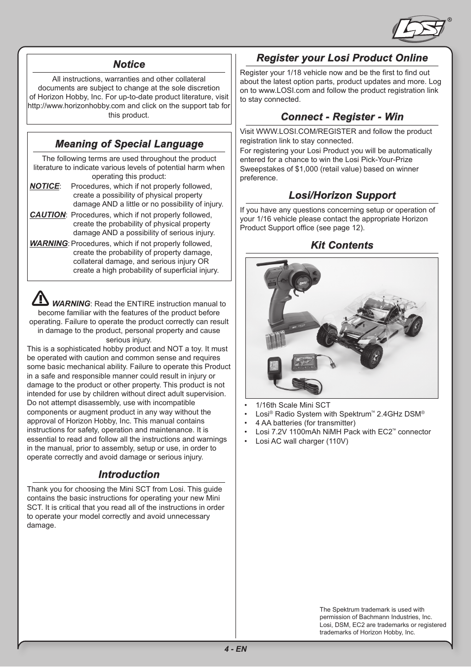 Introduction, Notice, Meaning of special language | Register your losi product online, Connect - register - win, Losi/horizon support, Kit contents | Losi LOSB0209 User Manual | Page 4 / 20