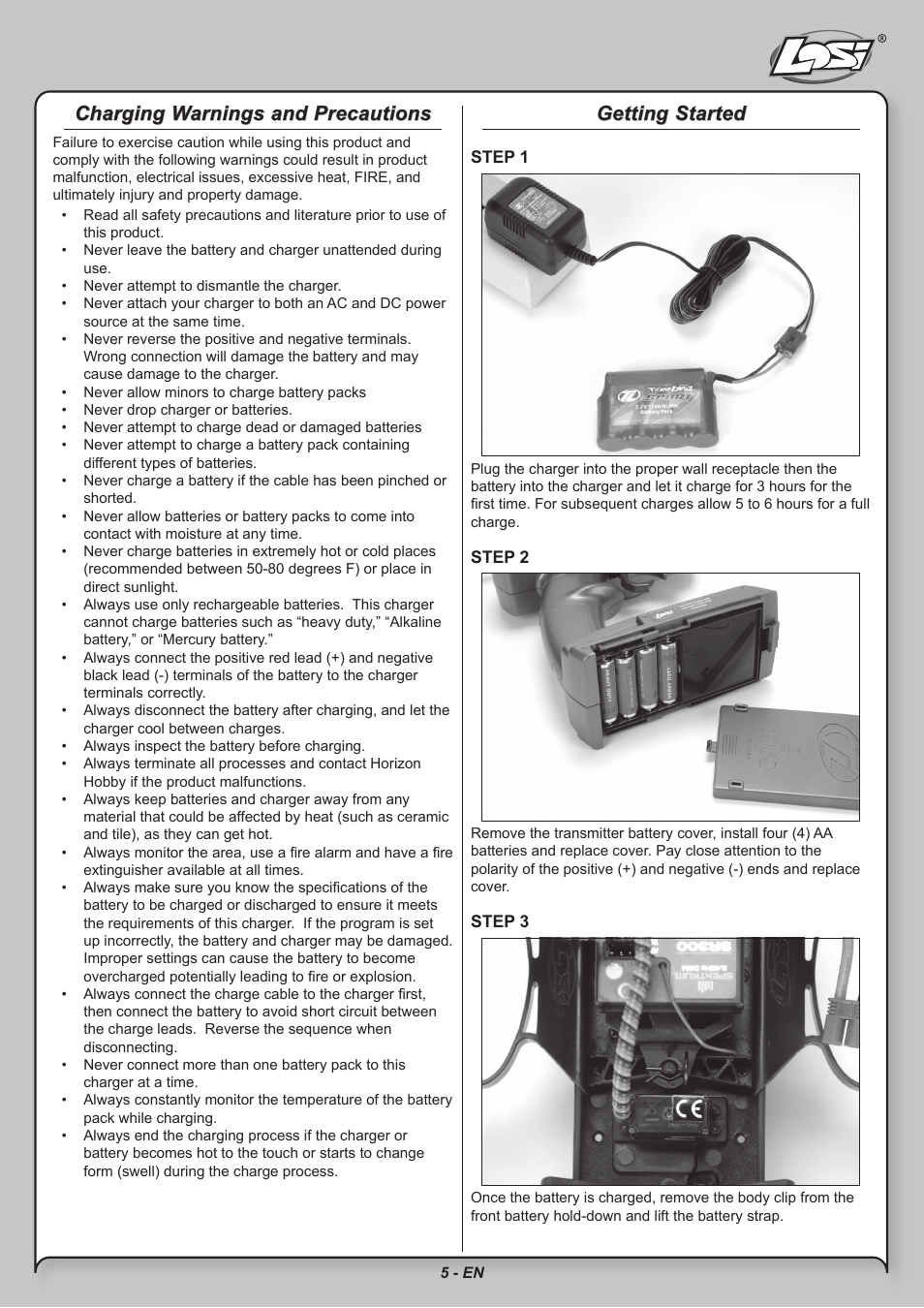 Charging warnings and precautions, Getting started | Losi LOSB0209 User Manual | Page 5 / 20