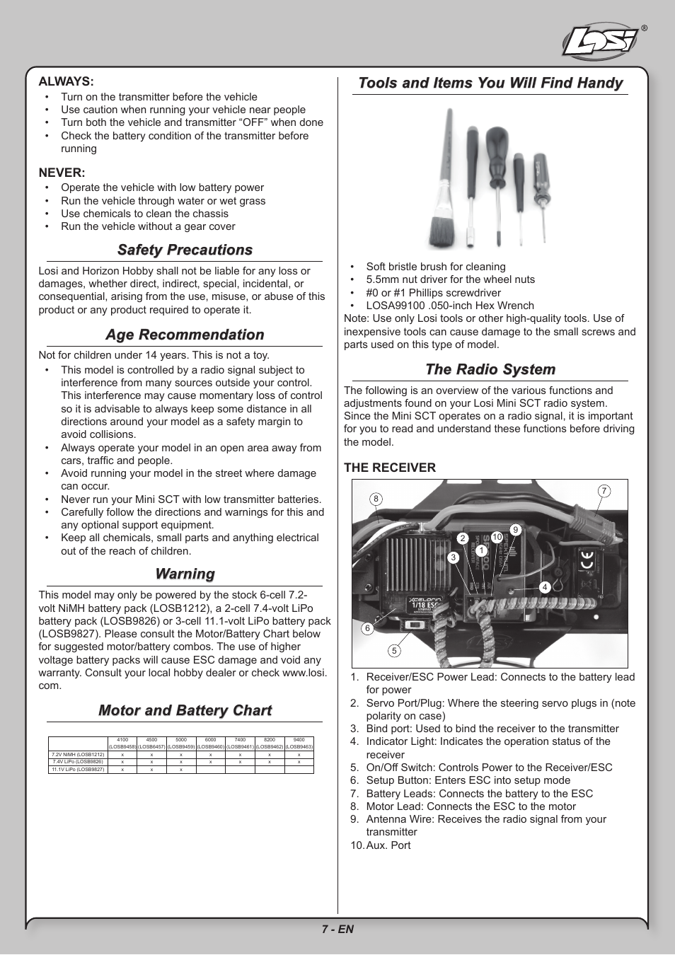 Safety precautions, Age recommendation, Warning | Motor and battery chart, Tools and items you will find handy, The radio system, Always, Never, The receiver, 7 - en | Losi LOSB0209 User Manual | Page 7 / 20