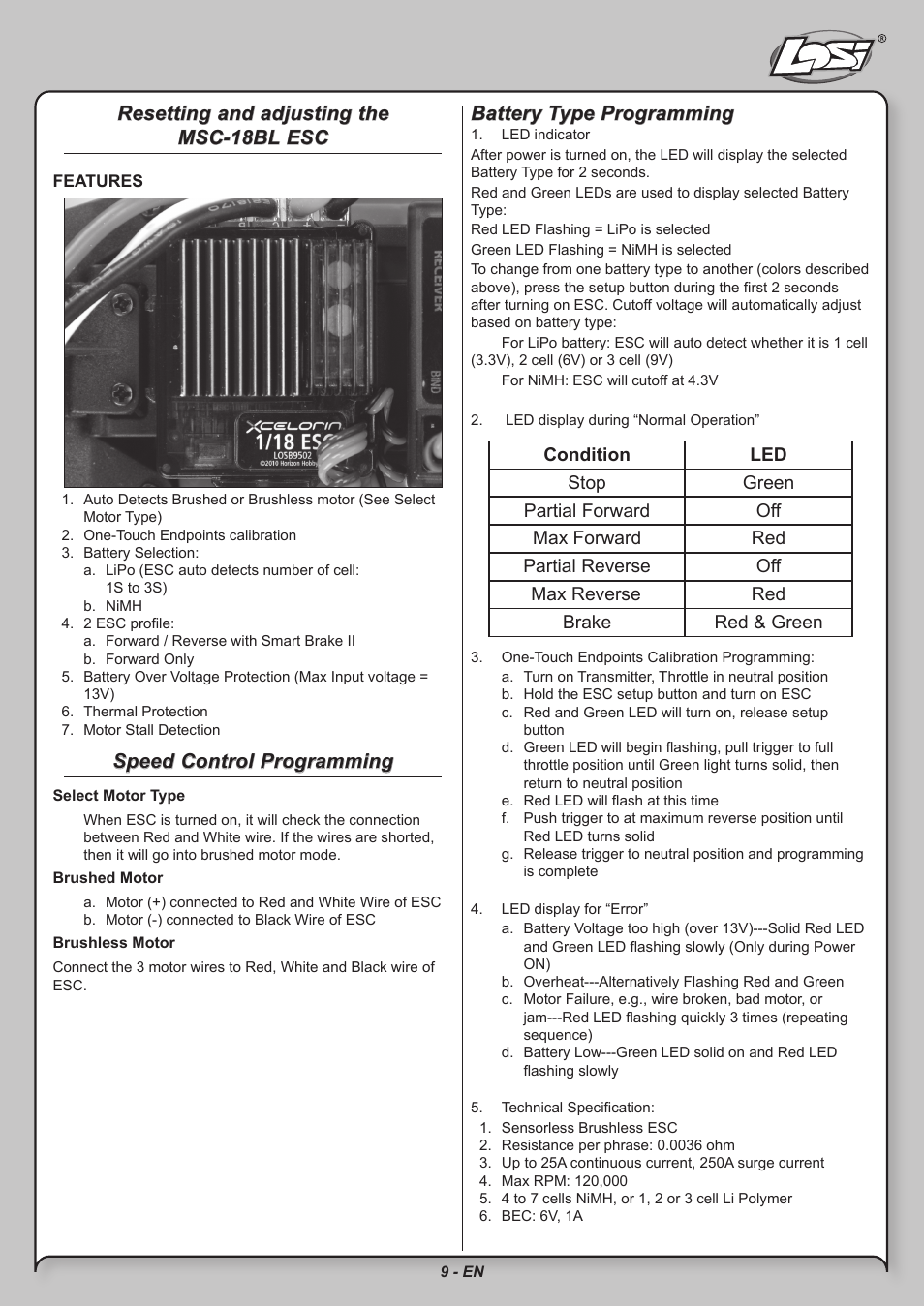 Resetting and adjusting the msc-18bl esc, Speed control programming, Battery type programming | Losi LOSB0209 User Manual | Page 9 / 20