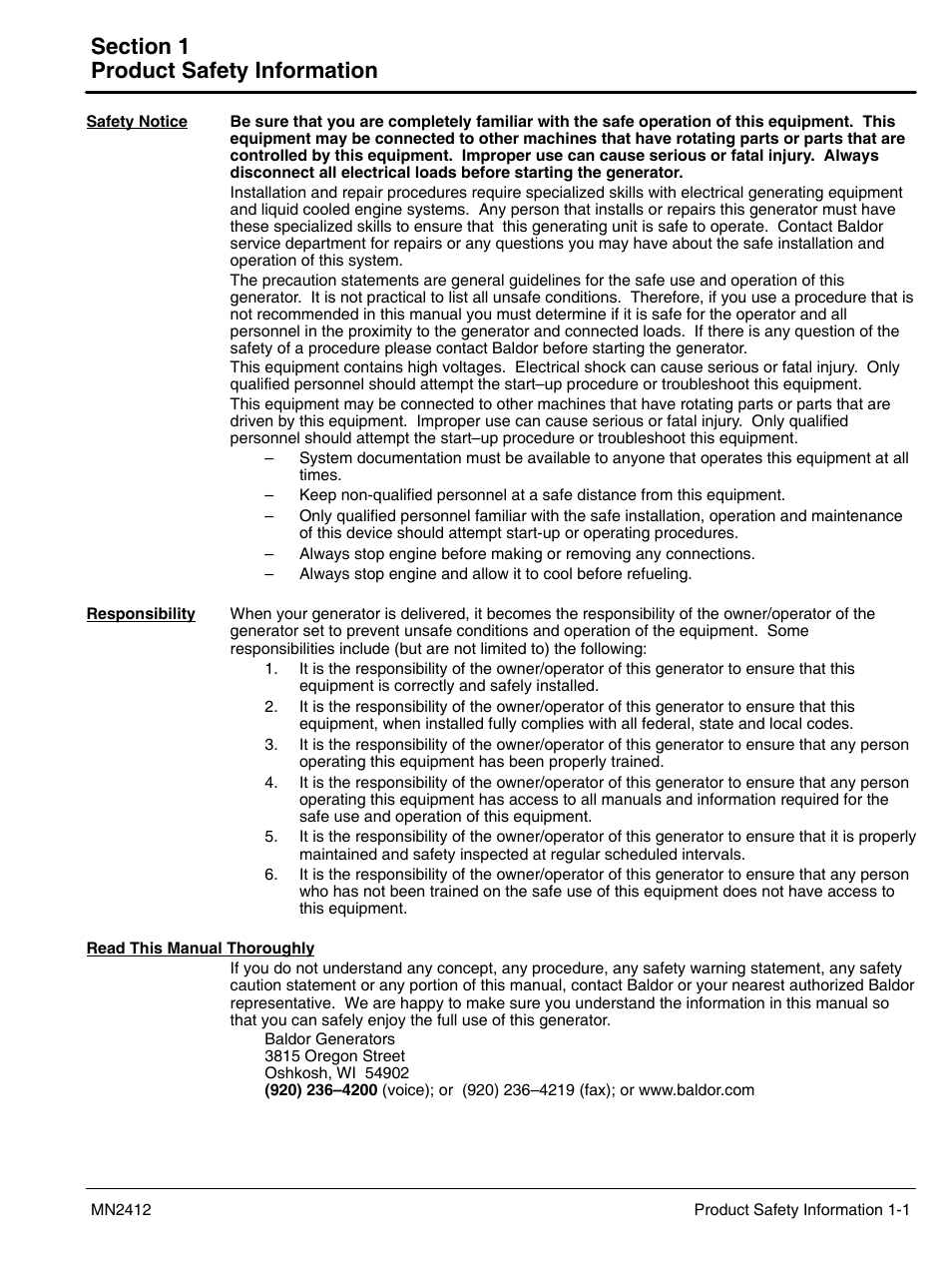 1 product safety information | Baldor MN2412 User Manual | Page 5 / 32