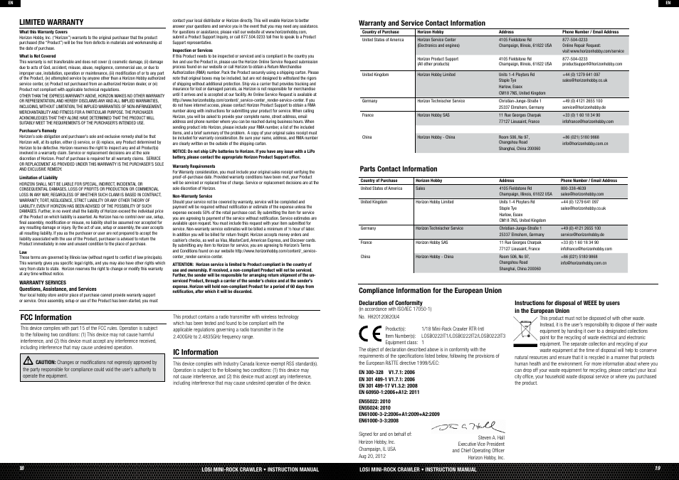 Limited warranty, Fcc information, Warranty and service contact information | Compliance information for the european union, Ic information | Losi LOSB0222T3 Manual User Manual | Page 10 / 38