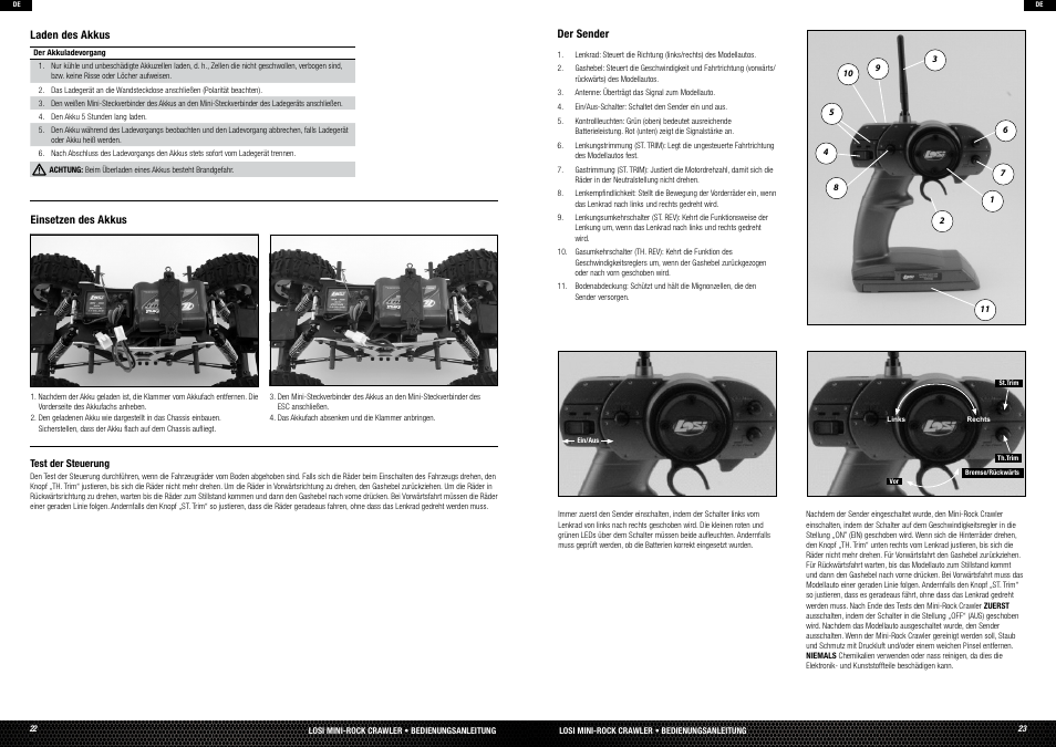 Charging your battery, Installing battery, Control test | Des akkus, Est der steuerung | Losi LOSB0222T3 Manual User Manual | Page 12 / 38