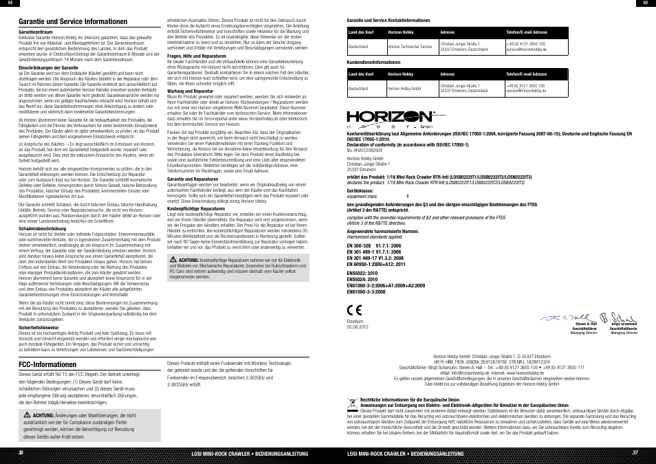 Limited warranty, Fcc information, Warranty and service contact information | Compliance information for the european union, Beschränkte garantie, Tionen, Tionen für die eu, Fcc-informationen, Garantie und service informationen | Losi LOSB0222T3 Manual User Manual | Page 19 / 38