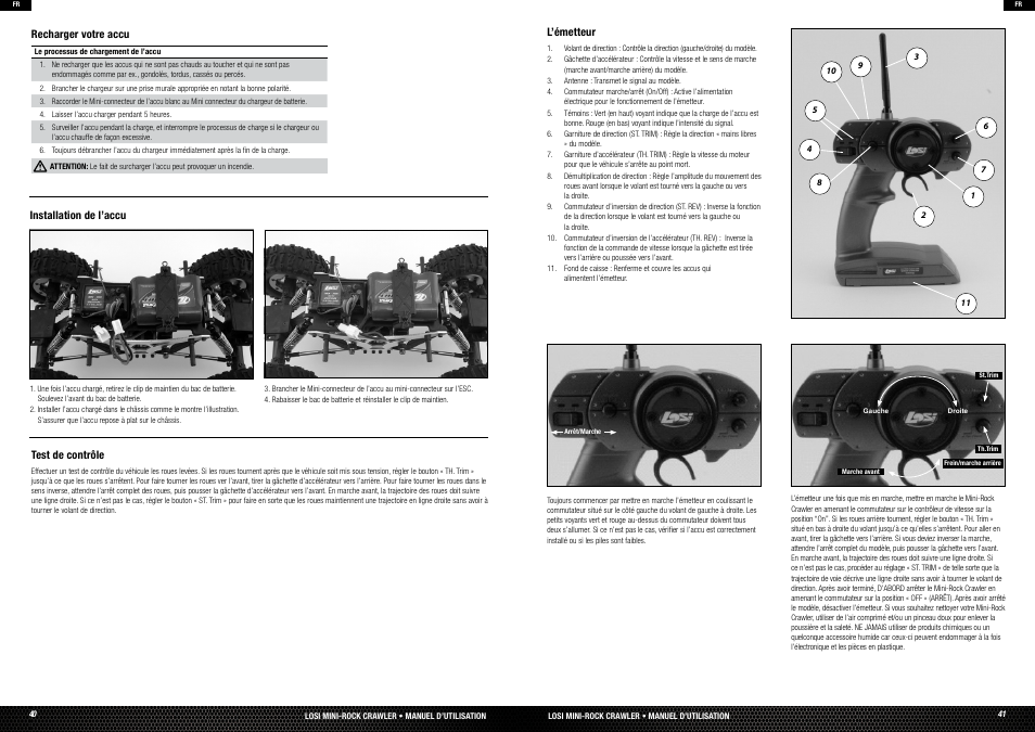 Charging your battery, Installing battery, Control test | Recharger vos piles, Tion des piles, Est de contrôle | Losi LOSB0222T3 Manual User Manual | Page 21 / 38