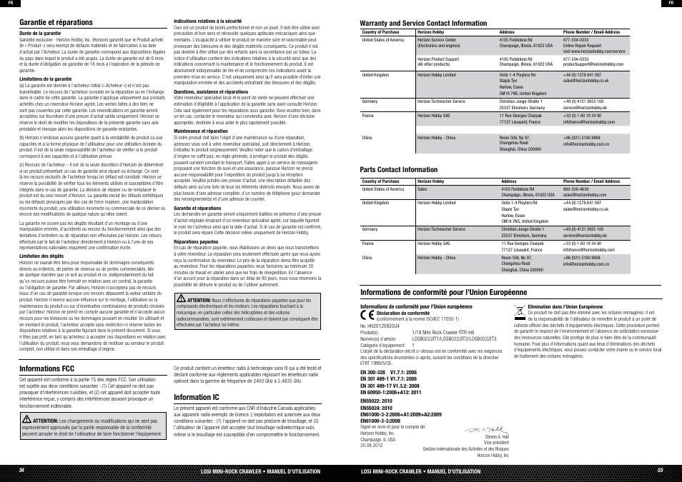 Limited warranty, Fcc information, Warranty and service contact information | Compliance information for the european union, Vice, Garantie et réparations, Informations fcc, Information ic, Informations de conformité pour l’union européenne | Losi LOSB0222T3 Manual User Manual | Page 28 / 38