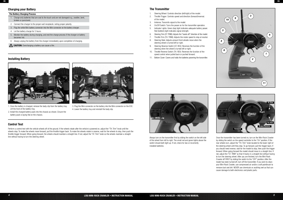 Charging your battery, Installing battery, Control test | Losi LOSB0222T3 Manual User Manual | Page 3 / 38