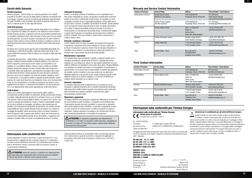 Limited warranty, Fcc information, Warranty and service contact information | Compliance information for the european union, Informazioni sulla conformità fcc, Informazioni sulla conformità per l’unione europea | Losi LOSB0222T3 Manual User Manual | Page 37 / 38