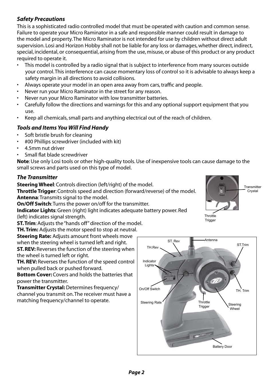 Safety precautions, Tools and items you will find handy, The transmitter | Losi LOSB0235 Manual User Manual | Page 2 / 8