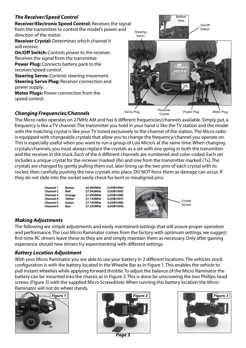 The receiver/speed control, Changing frequencies/channels, Making adjustments | Battery location adjustment | Losi LOSB0235 Manual User Manual | Page 3 / 8