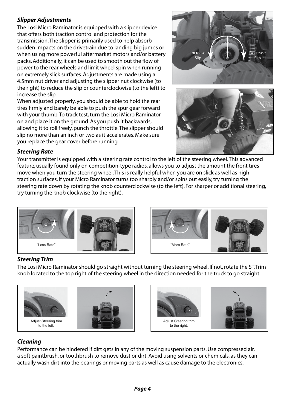 Slipper adjustments, Steering rate, Cleaning | Steering trim | Losi LOSB0235 Manual User Manual | Page 4 / 8