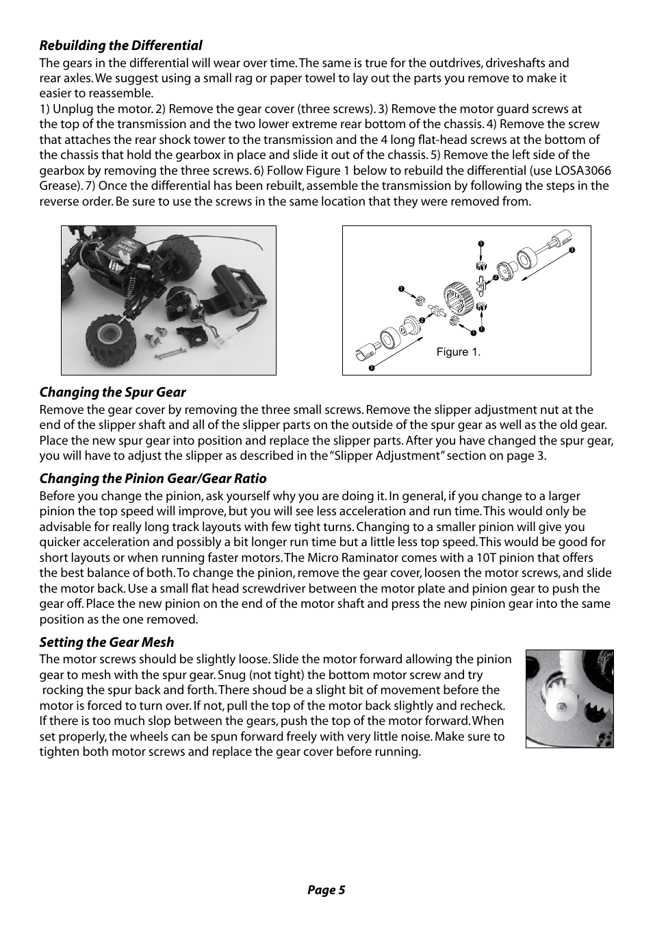 Rebuilding the differential, Changing the spur gear, Changing the pinion gear/gear ratio | Setting the gear mesh | Losi LOSB0235 Manual User Manual | Page 5 / 8