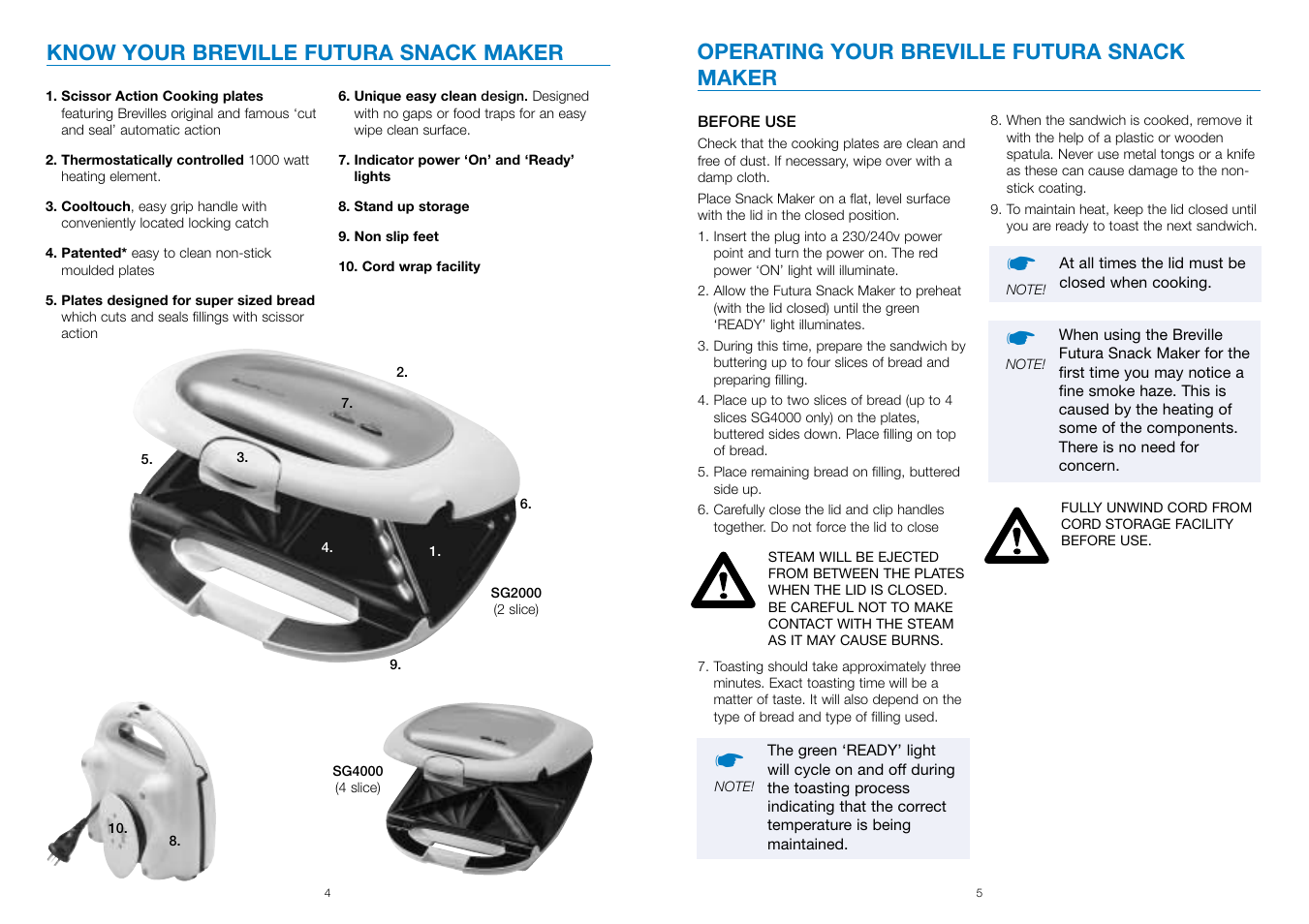 Operating your breville futura snack maker, Know your breville futura snack maker | Breville SG4000 User Manual | Page 3 / 6