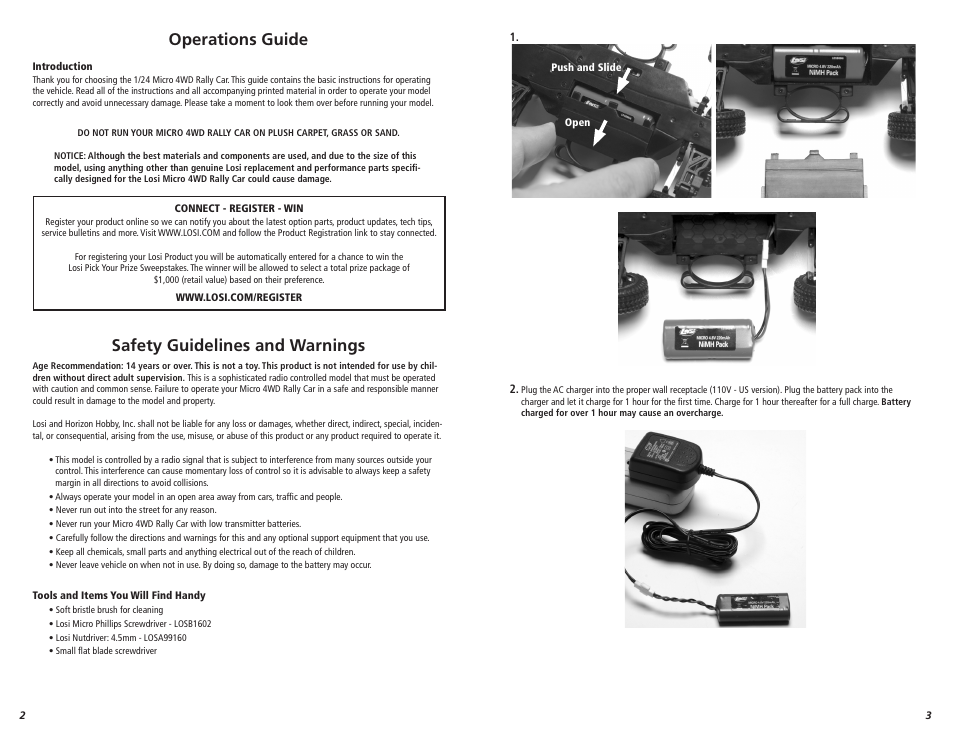 Operations guide, Safety guidelines and warnings | Losi LOSB0241 User Manual | Page 2 / 8