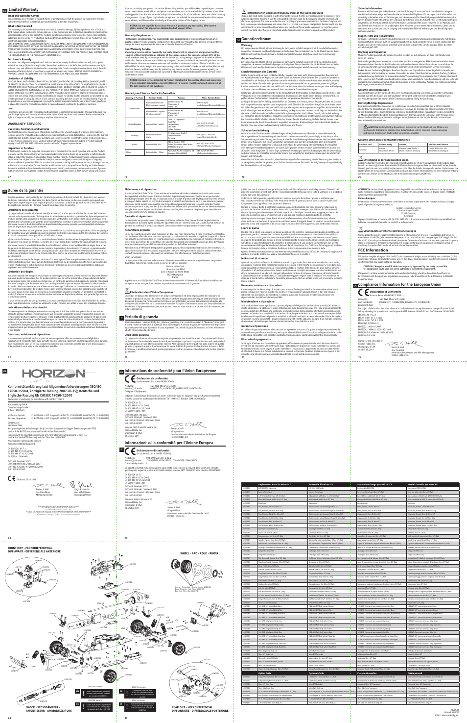 Limited warranty, Garantiezeitraum, Durée de la garantie | Periodo di garanzia, Fcc information, Compliance information for the european union, Informations de conformité pour l’union européenne, Informazioni sulla conformità per l’unione europea | Losi LOSB0242T2 Manual User Manual | Page 2 / 3