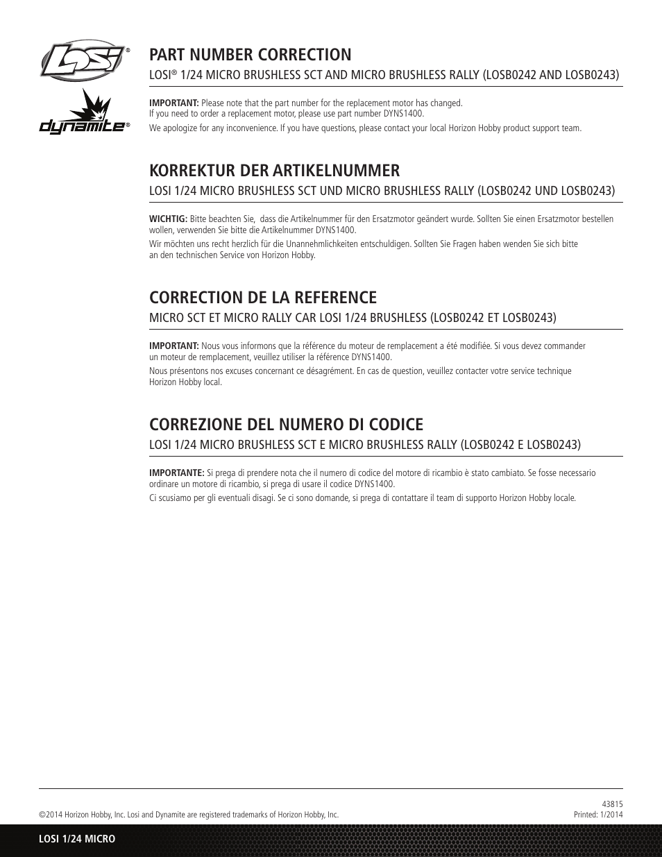 Losi LOSB0242T2 Addendum User Manual | 1 page