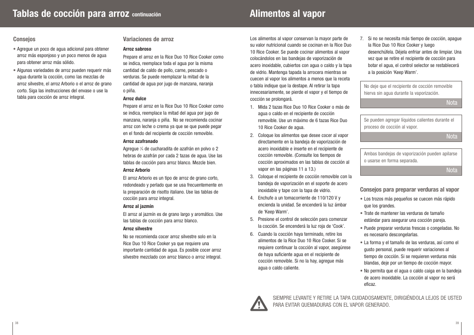 Alimentos al vapor, Tablas de cocción para arroz | Breville RICE DUO 10 BRC350XL User Manual | Page 20 / 28
