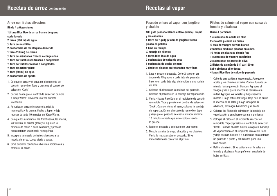 Recetas al vapor, Recetas de arroz | Breville RICE DUO 10 BRC350XL User Manual | Page 27 / 28