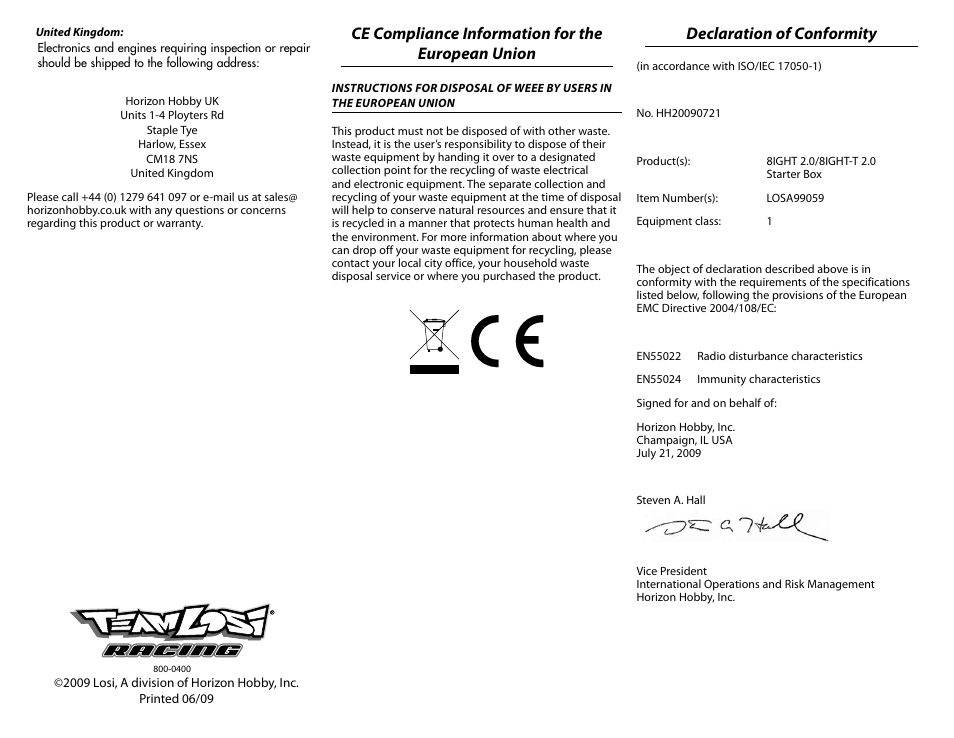 Ce compliance information for the european union, Declaration of conformity | Losi LOSA99059 User Manual | Page 6 / 6