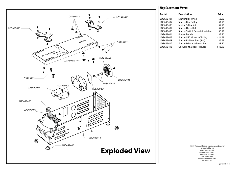 Exploded view, Replacement parts | Losi LOSA99062 User Manual | Page 4 / 4