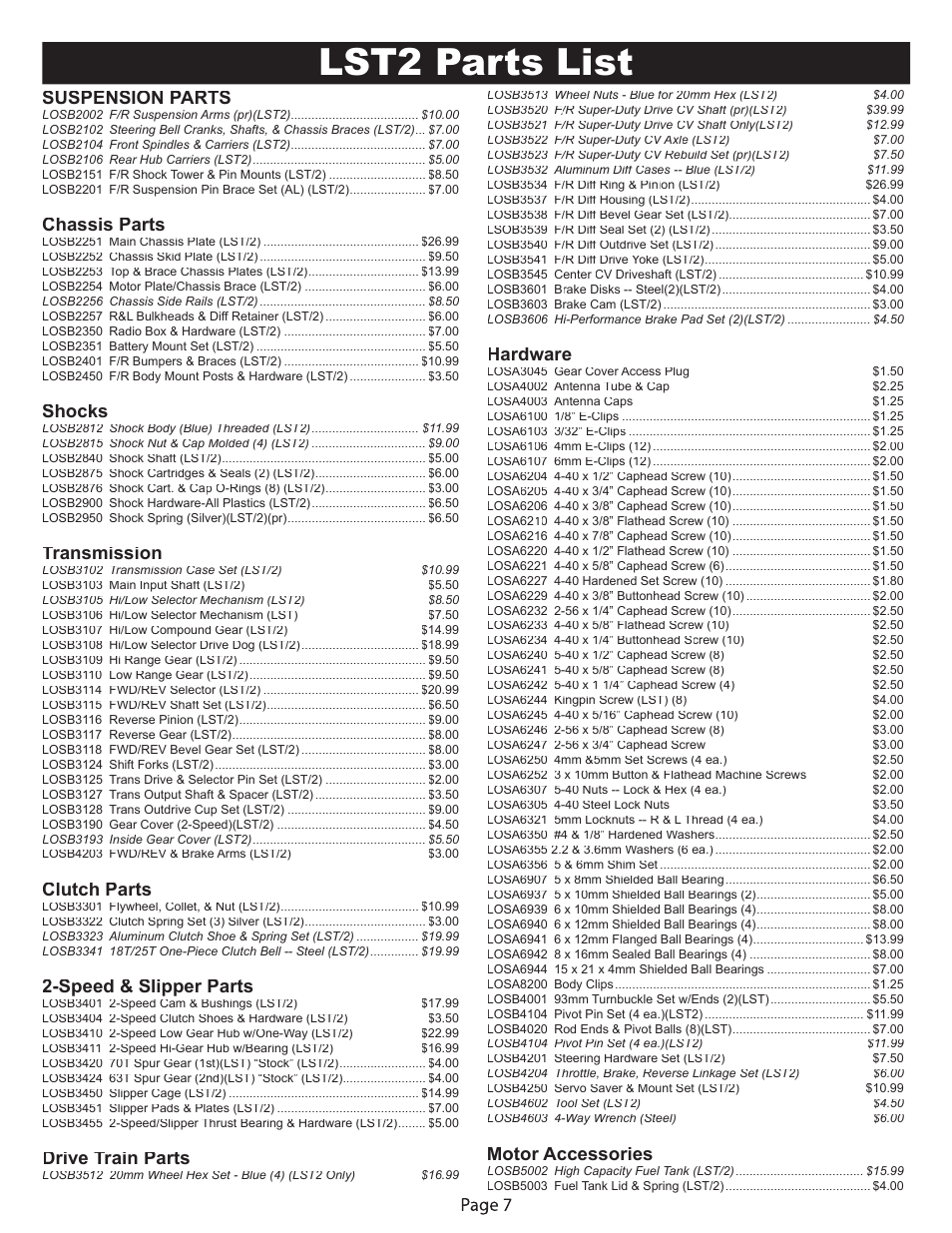 Lst2 parts list, Suspension parts, Chassis parts | Shocks, Transmission, Clutch parts, Speed & slipper parts, Drive train parts, Hardware, Motor accessories | Losi LOSB0014 User Manual | Page 7 / 8