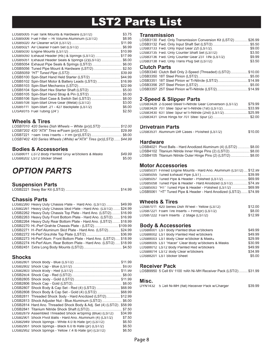 Lst2 parts list, Option parts, Wheels & tires | Bodies & accessories, Suspension parts, Chassis parts, Shocks, Transmission, Clutch parts, Speed & slipper parts | Losi LOSB0014 User Manual | Page 8 / 8