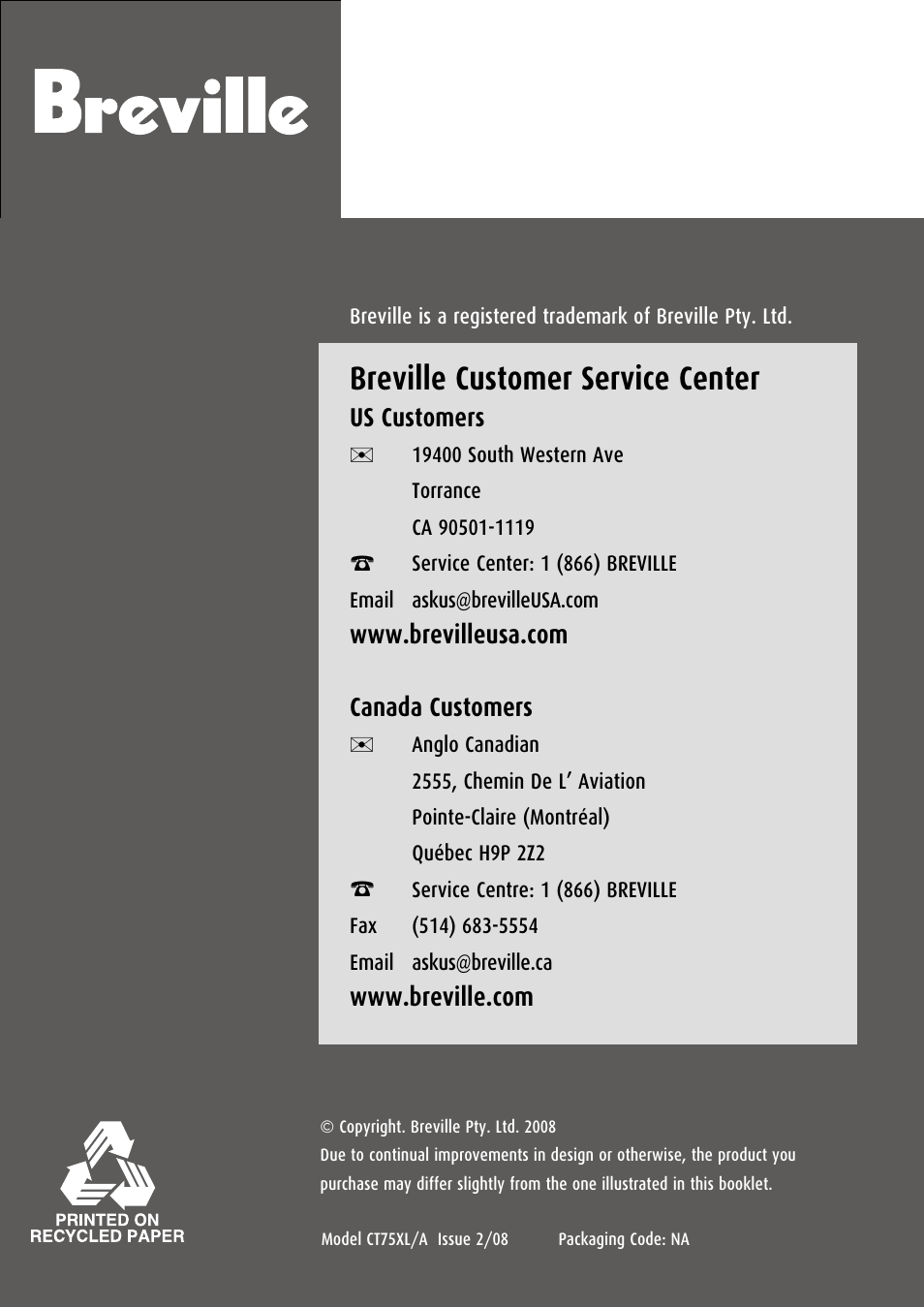 Breville CT75XL/A User Manual | 36 pages