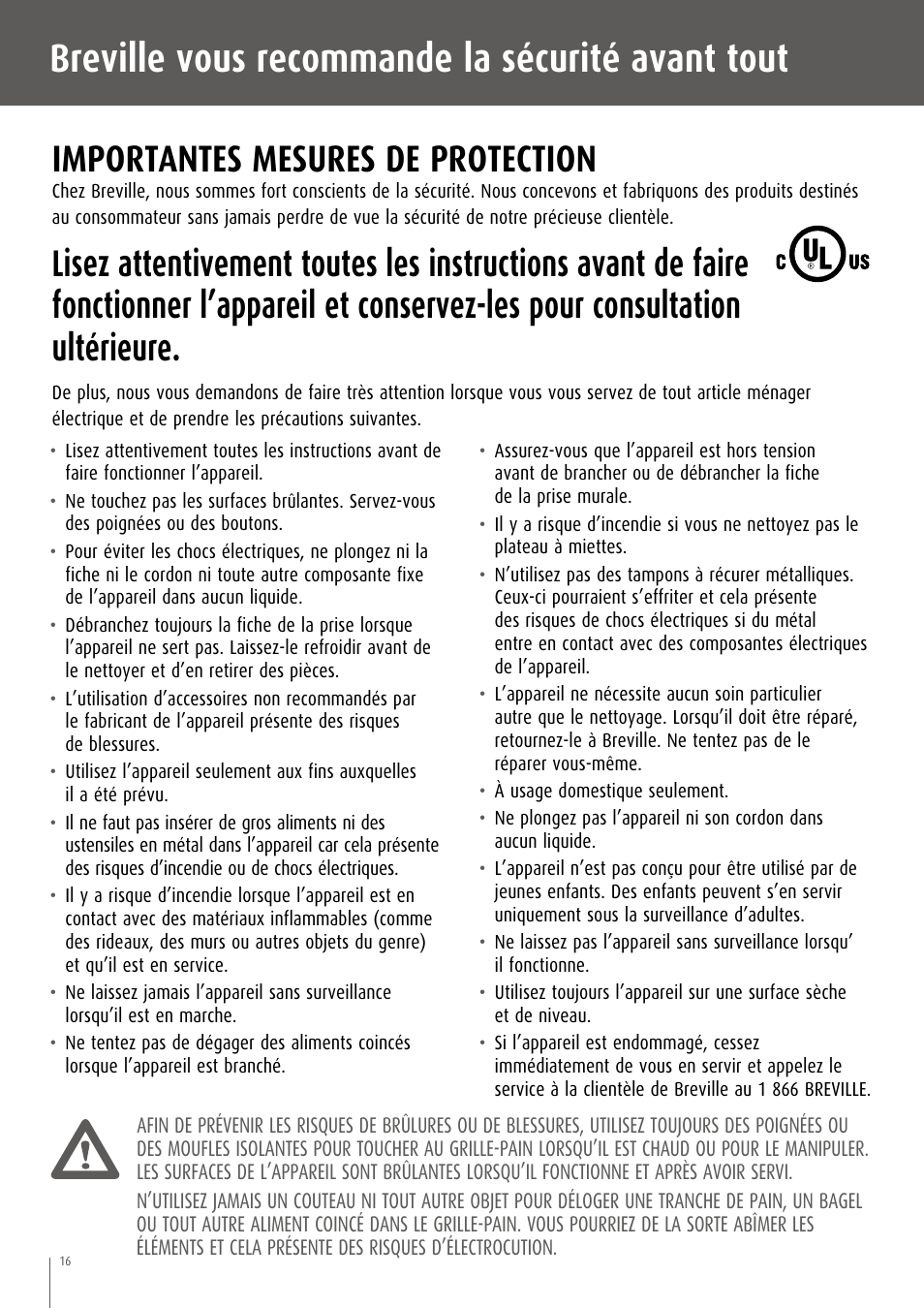 Breville vous recommande la sécurité avant tout, Importantes mesures de protection | Breville CT75XL/A User Manual | Page 17 / 36