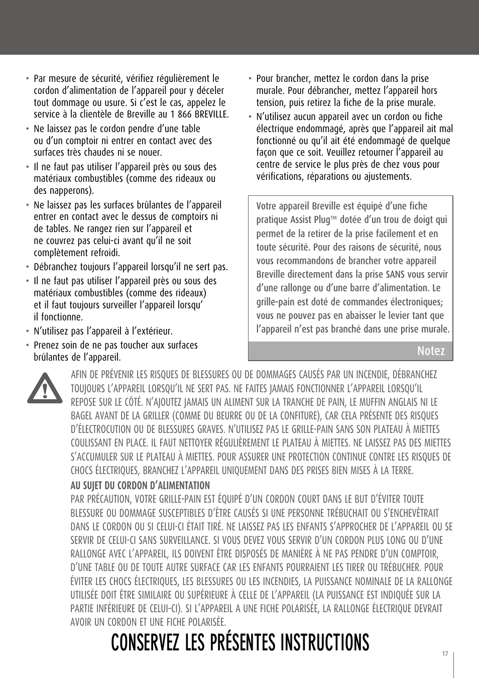 Conservez les présentes instructions | Breville CT75XL/A User Manual | Page 18 / 36