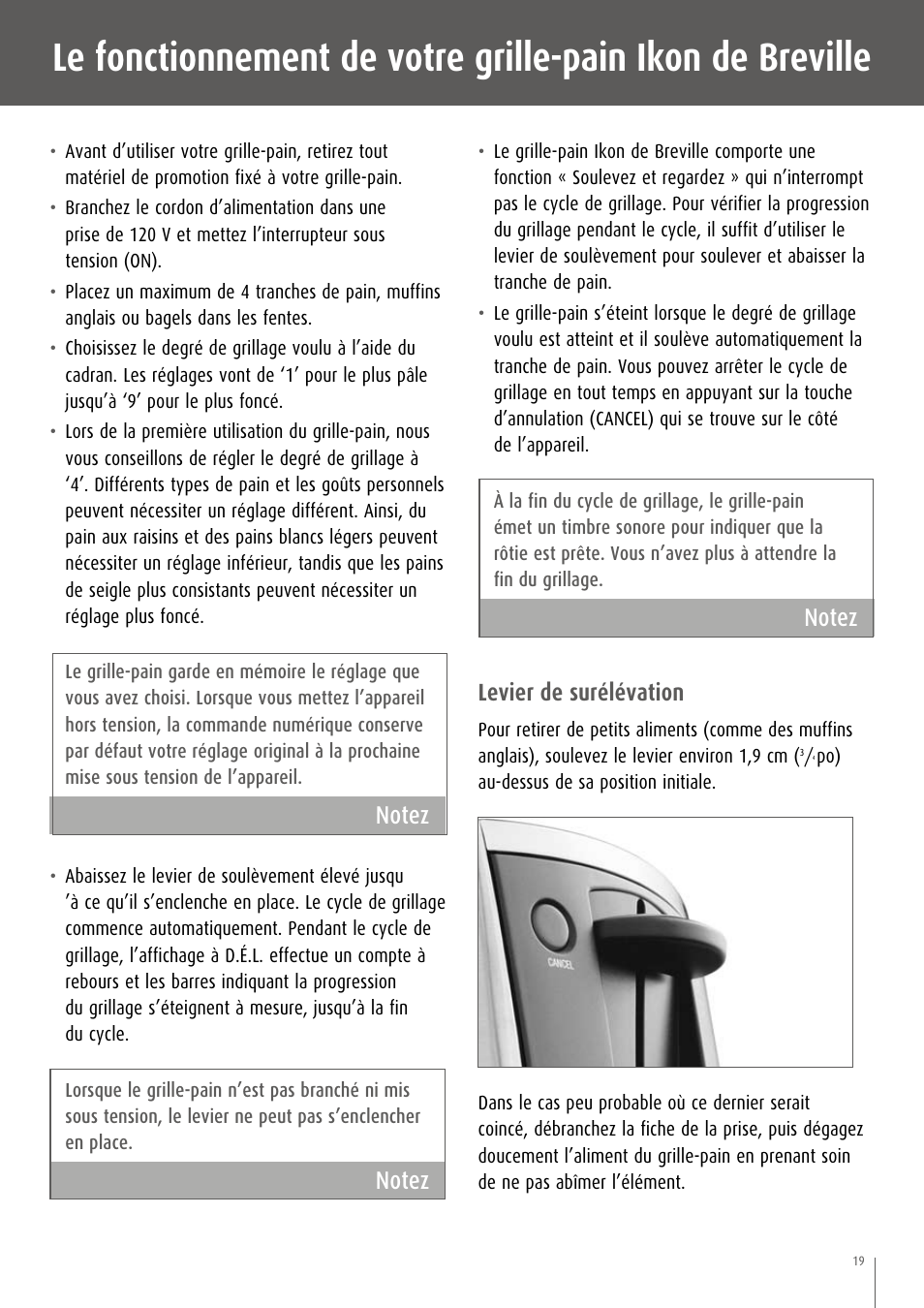 Levier de surélévation | Breville CT75XL/A User Manual | Page 20 / 36