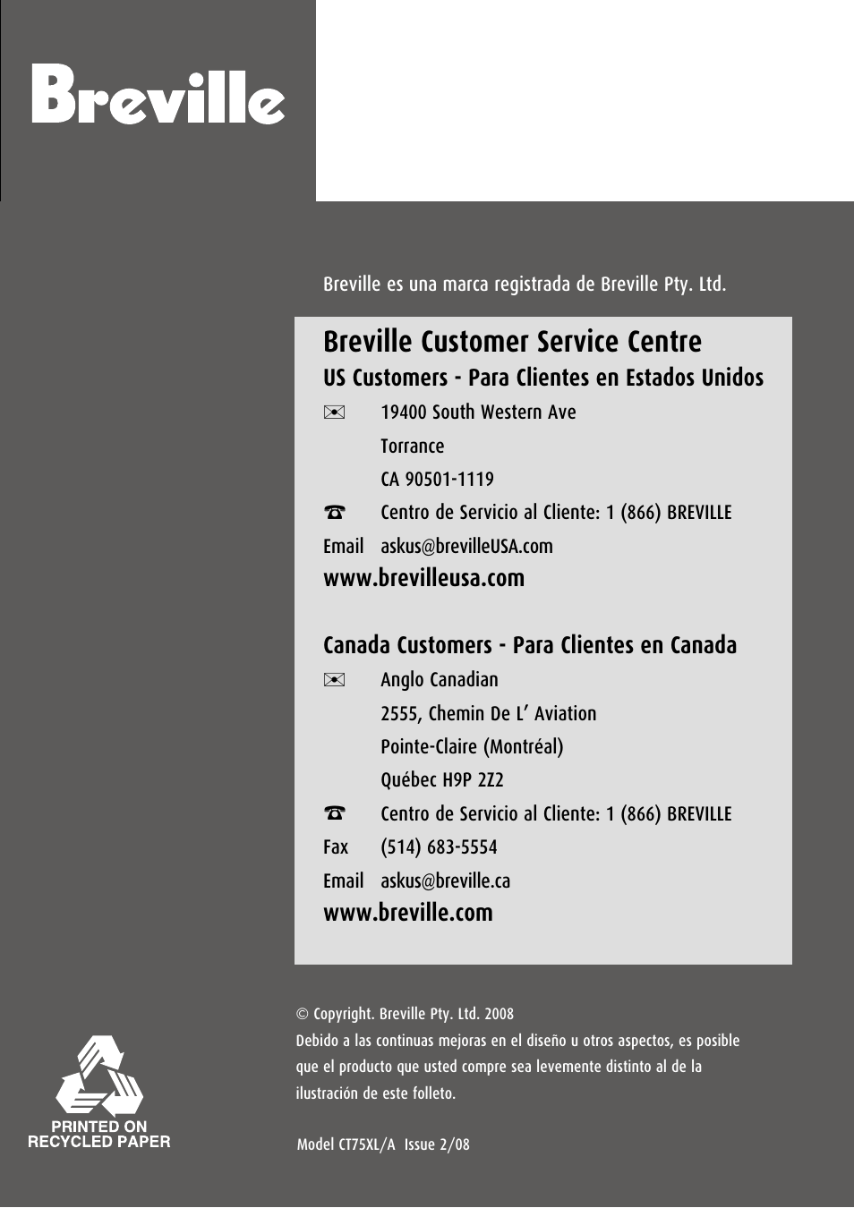 Breville customer service centre | Breville CT75XL/A User Manual | Page 25 / 36