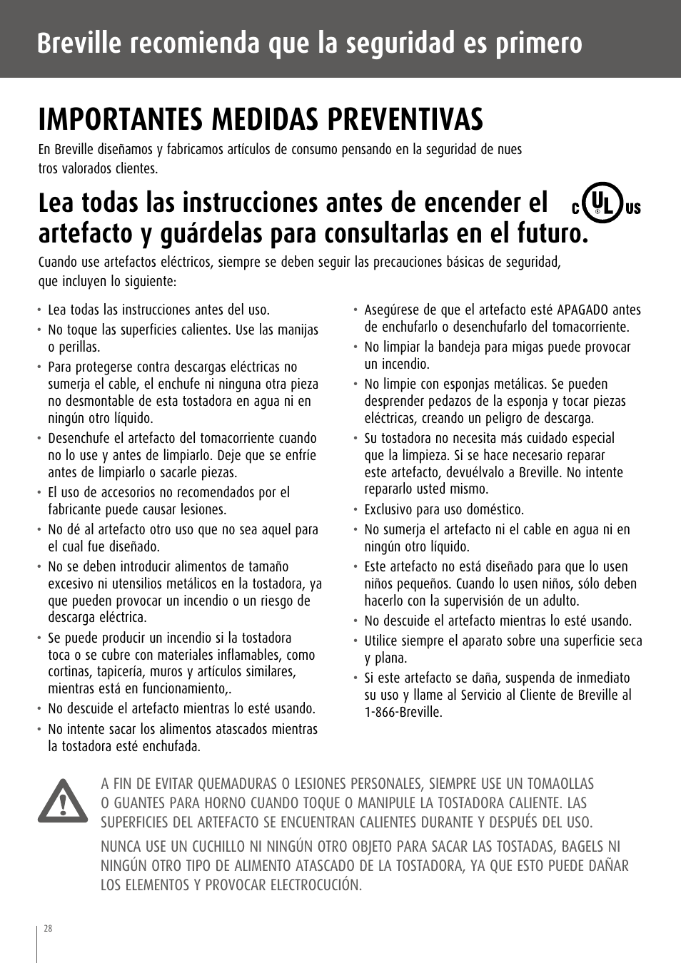 Importantes medidas preventivas, Breville recomienda que la seguridad es primero | Breville CT75XL/A User Manual | Page 29 / 36