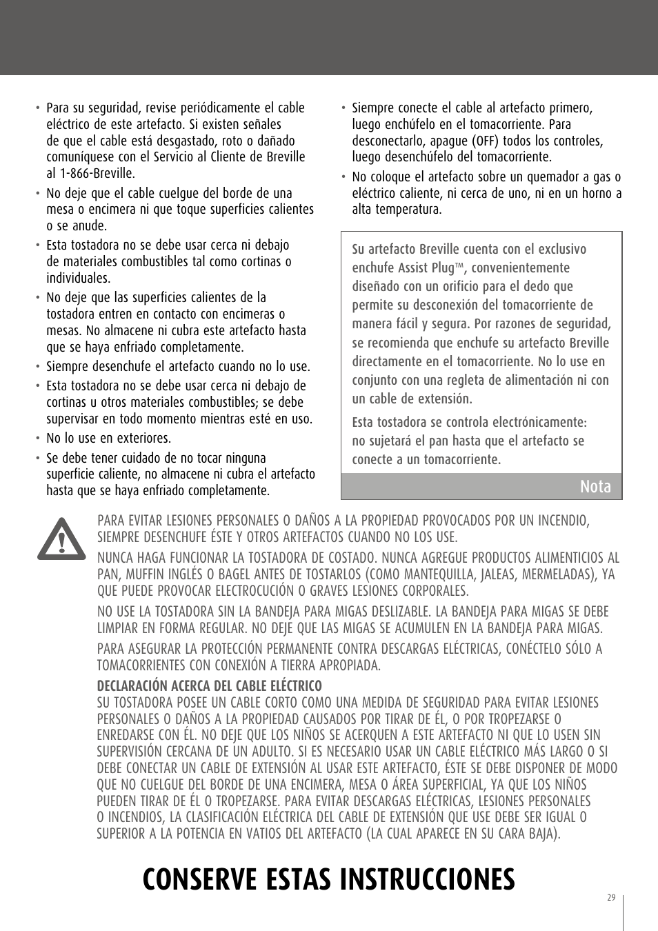 Conserve estas instrucciones, Nota | Breville CT75XL/A User Manual | Page 30 / 36