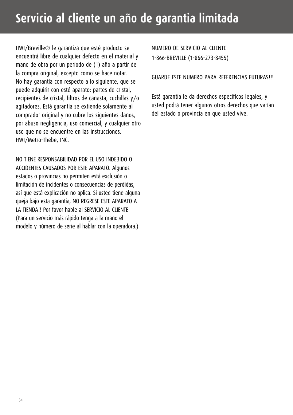 Servicio al cliente un año de garantia limitada | Breville CT75XL/A User Manual | Page 35 / 36