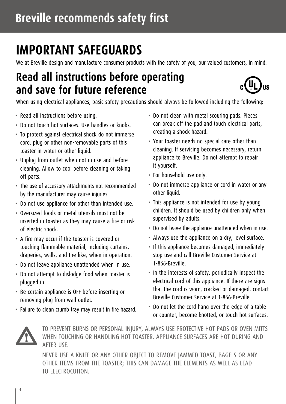 Important safeguards, Breville recommends safety first | Breville CT75XL/A User Manual | Page 5 / 36