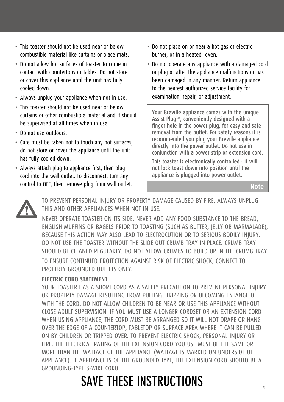 Save these instructions, N ote | Breville CT75XL/A User Manual | Page 6 / 36