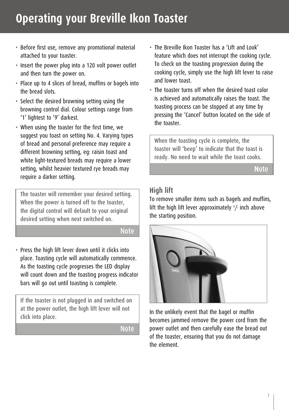 Operating your breville ikon toaster, N ote, High lift | Breville CT75XL/A User Manual | Page 8 / 36