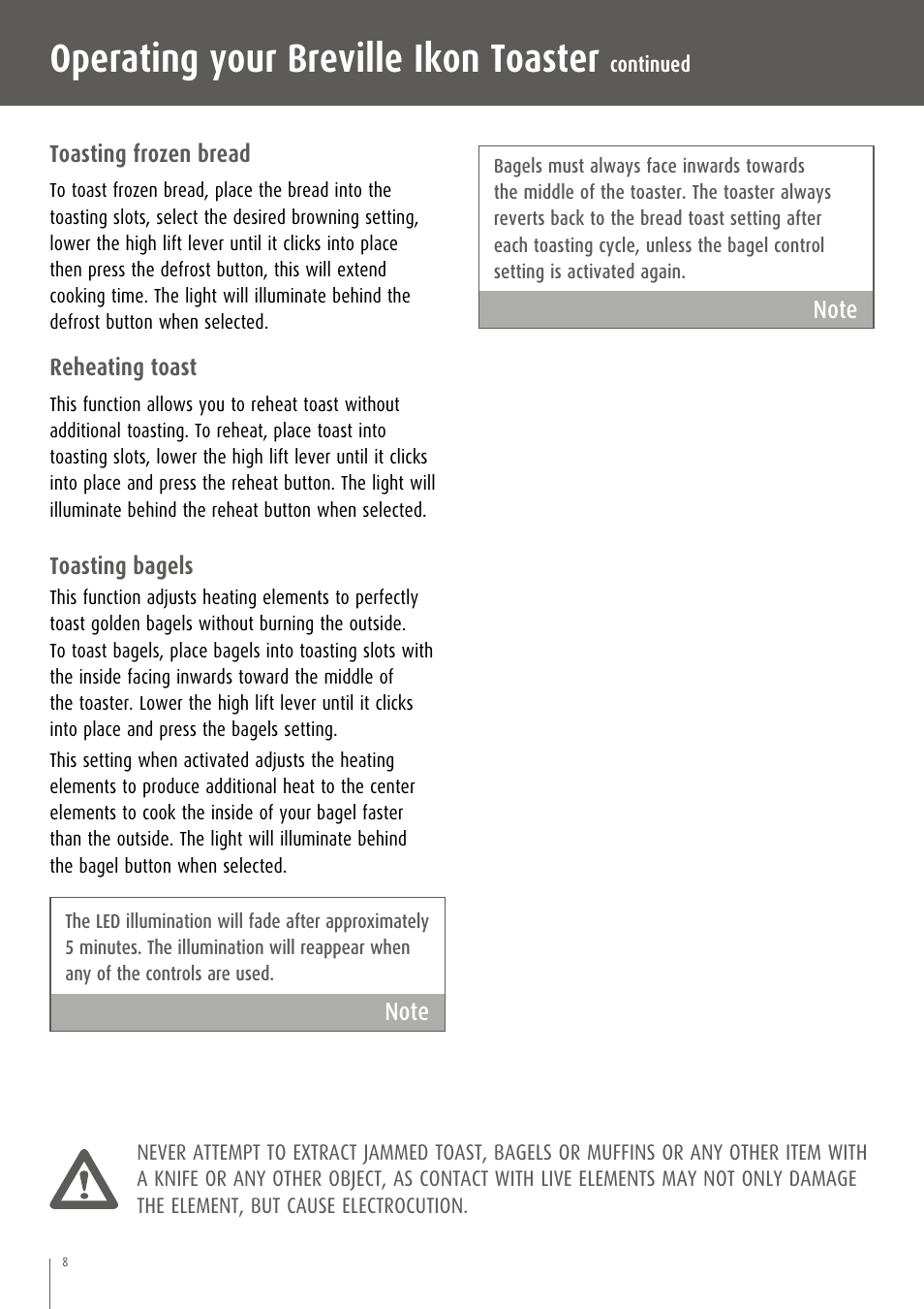 Operating your breville ikon toaster | Breville CT75XL/A User Manual | Page 9 / 36